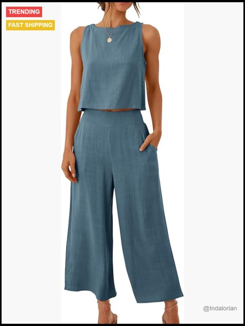 Linen Rayon 2 Piece Outfits Sleeveless Crop Top Wide Leg Pants Jumpsuit Lounge